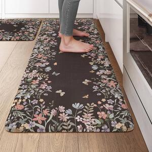 KIMODE Kitchen Anti Fatigue Mats, Farmhouse Kitchen Rugs Sets of 2, Memory Foam Kitchen Mats for Floor, Waterproof Non Skid Standing Mat for Sink Laundry Office Desk Black 20"x47"+20"x32"