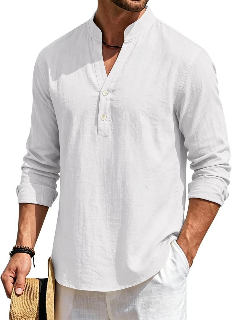 Mens Linen Henley Shirts Casual Long Sleeve Hippie Yoga Tops Lightweight Summer Beach T-Shirt (White, XXL)