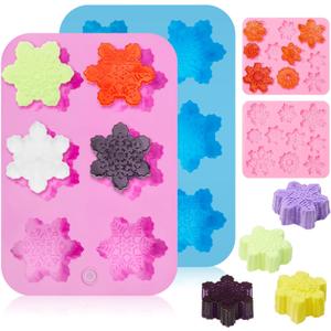 Tioncy 4 Pcs Thickened Snowflake Soap Molds Include 2 Large 6 Cavity Snowflake Silicone Molds for Soap Making and 2 Mini Snowflake Design Molds for DIY Christmas Wax Melts, Ice Cubes, Chocolate Bar