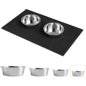 Stainless Steel Dog Bowls with Mat - Non-Slip EVA Rubber Bottom, Food & Water Bowl for Dogs, Cats - Dishwasher Safe (17oz bowl + 11.8*19.6'' mat)