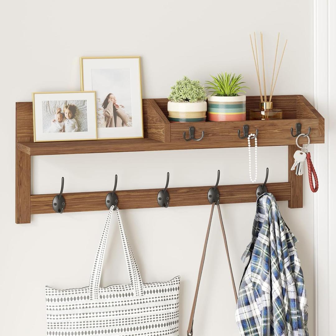 AMBIRD Wall Hooks with Shelf 26.57inch Entryway Wall Hanging Shelf Wood Coat Hooks for Wall with Shelf Coat Rack Wall Mount Rack with 5 Dual Hooks 3 Key Hooks Mail Organizer and Key Rack Key Holder (Brown)