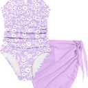KANGKANG Girls Swimsuit Quick Dry Cut Out One Piece Swimsuits with Tropical Print Cover Up Skirt Bathing Suit Swimwear 7-18Y (9-10 Years, Light Lavender Floral)