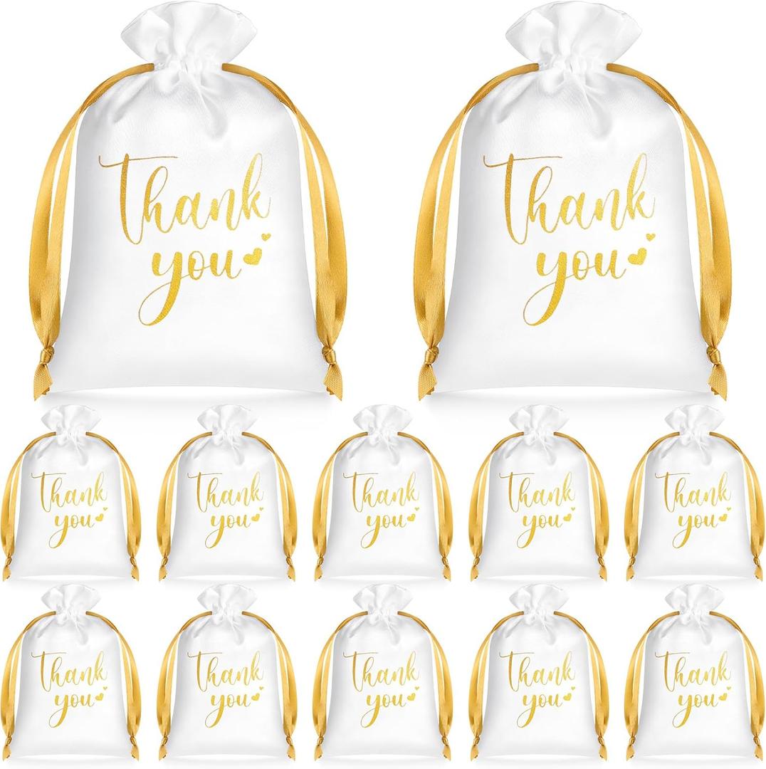 PerKoop 30 Pcs Thank You Satin Gift Bags 5 x 7 Inches Wedding Drawstring Jewelry Pouches Small Candy Bags for Guest Wedding Birthday Baby Shower Business Party Favors(White)