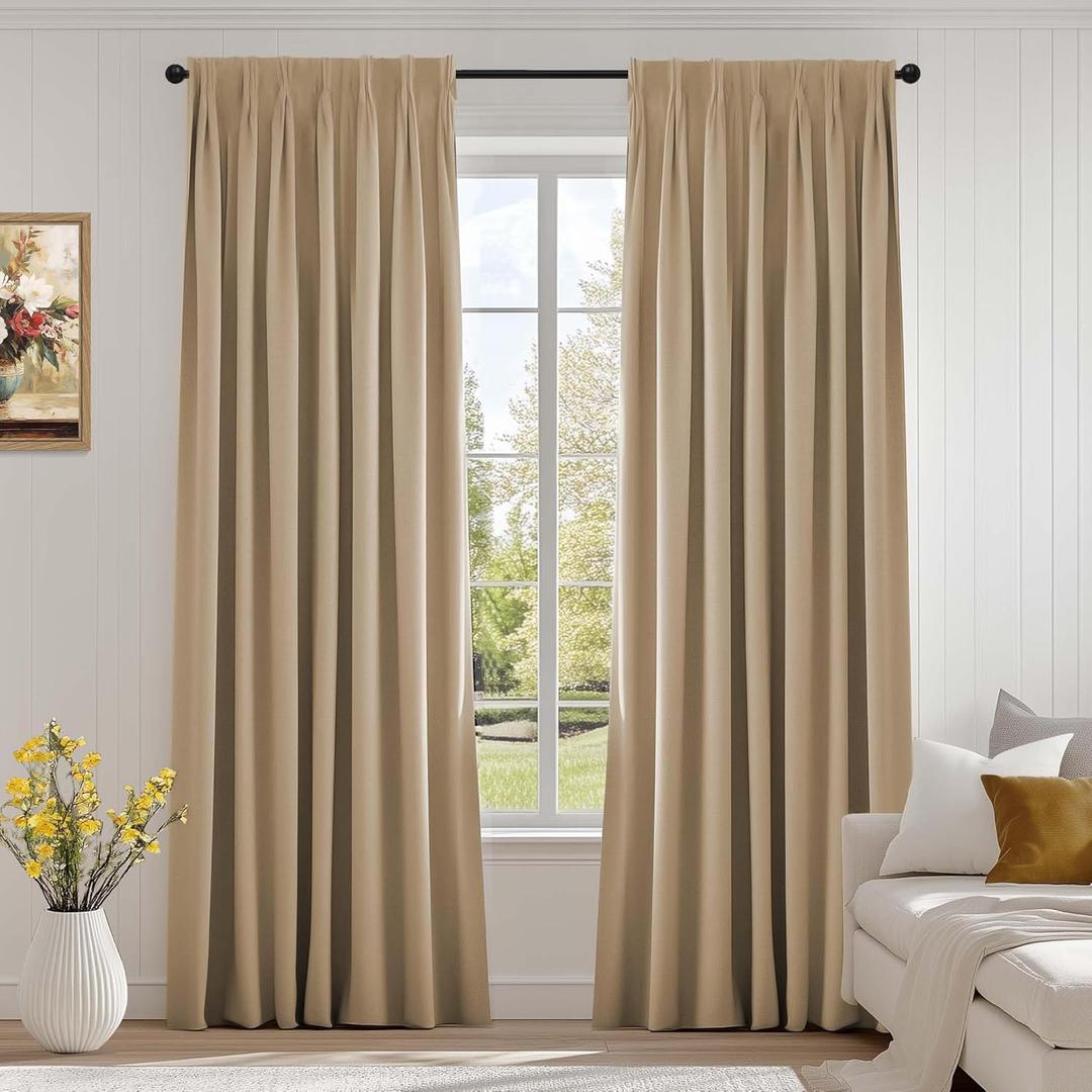 Lazzzy Cream Blackout Velvet Curtains 90 Inch Length Pinch Pleated Room Darkening Drapes Luxury Back Tab Thermal Insulated Window Treatments for Bedroom Living Room 2 Panels, 52 x 90 Inch, Latte