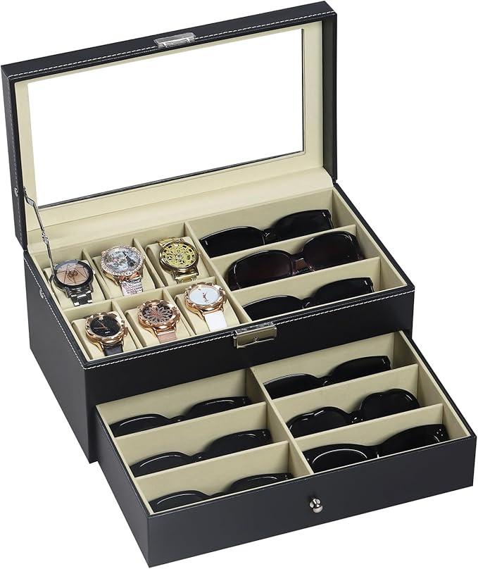 AUTOARK Leather & Velvet 6 Watches Box Jewelry Case and 9 Piece Eyeglasses Storage and Sunglass Glasses Display Drawer Lockable Case Organizer, Black, AW-048