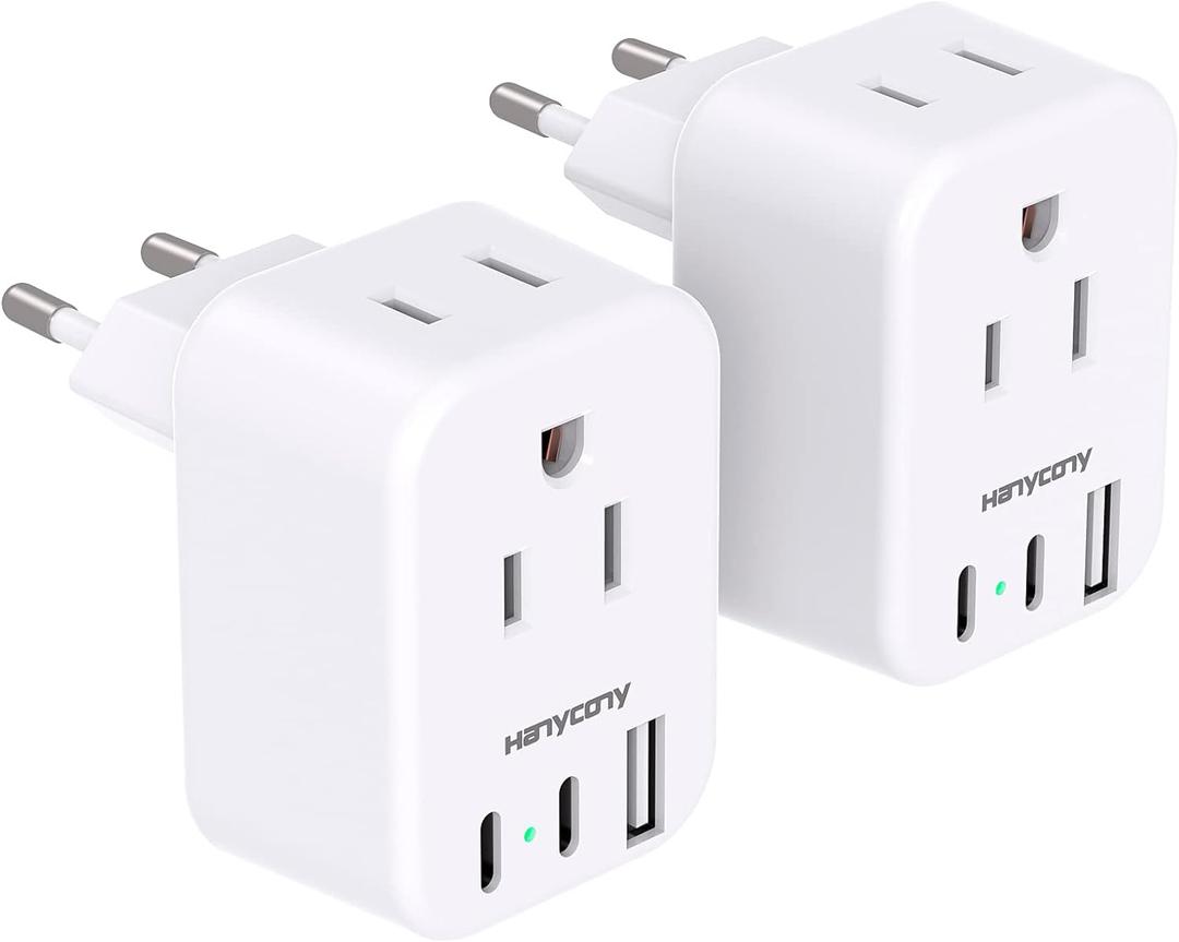 European Travel Plug Adapter for International, HANYCONY Italy Spain Power Adapter 2 Outlets 2 USB C Ports, Type C Adapter Travel Cruise Essentials for US to Most Europe France Germany EU, 2 Pack