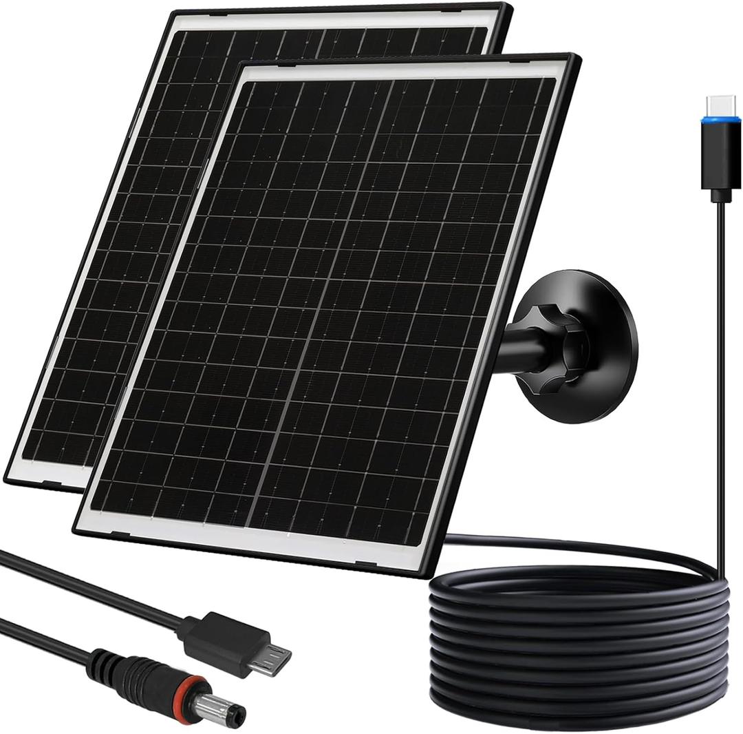 FUTUREZEN 10W Solar Panel for Security Camera, Trail Camera, Type-C Device, Solar Charger with USB-C, Micro USB & DC 5.5x2.1mm Port, IP66 Waterproof, Adjustable Mount, 7.2FT Cable, 2 Pack