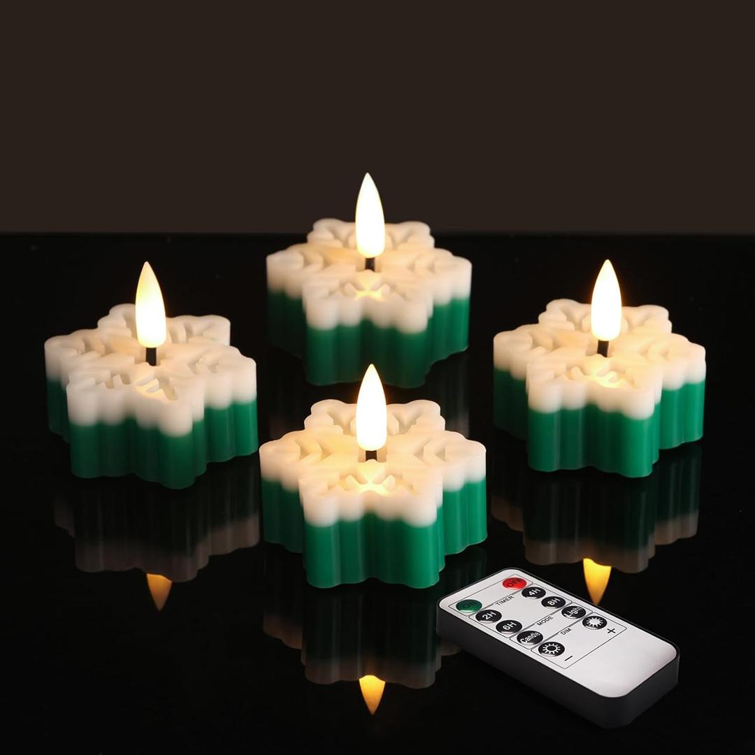 2 x Snowflakes Flameless Wax Tealights with Remote Timer, Green White Christmas LED Tea Votive Candles Battery Operated, Set of 4