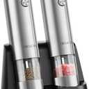 CIRCLE JOY Electric Salt and Pepper Grinder Set Stainless Steel Spice Grinder Automatic Pepper Mills with Easy-to-Carry Dual Charging Station, White Led Light, and Adjustable Coarseness, Silver (Model C Rechargeable + Charging Base)
