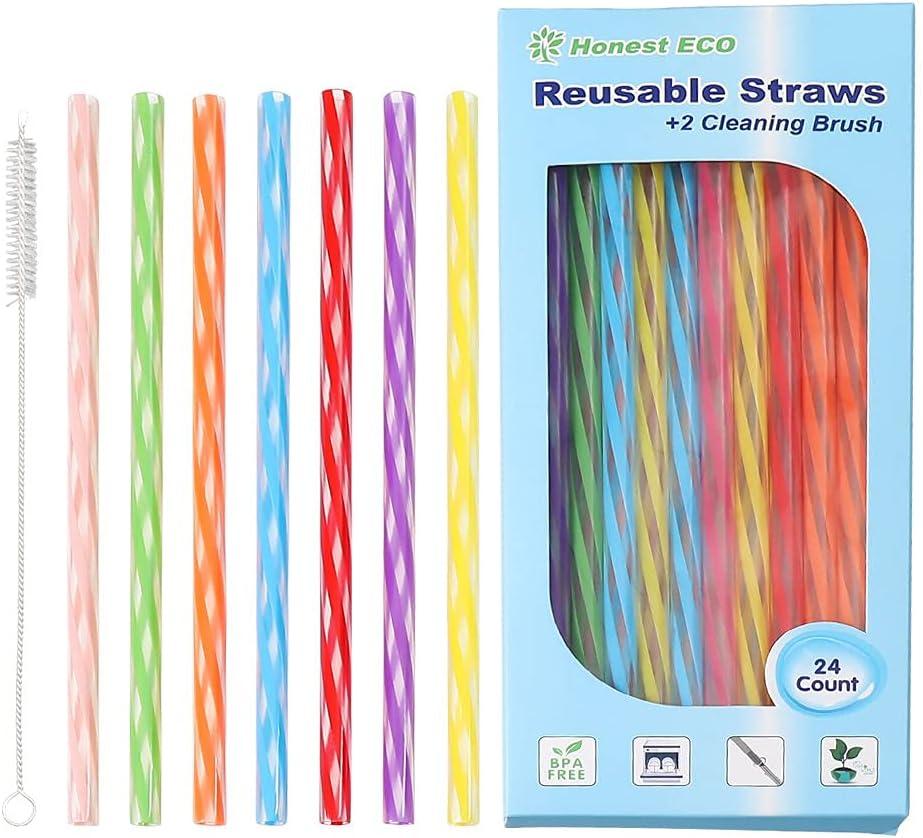 Reusable Stirrer Straws with Cleaner Brush Short Assorted color Plastic Pipes fit for Milk & Juice & Coffee & Smoothies & Cocktail & Kids Straws Kit (24Count-7.5in)