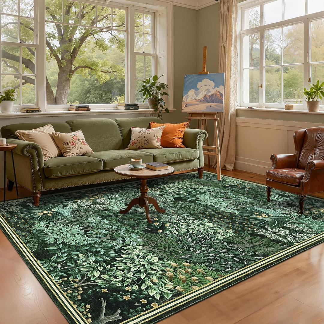 GarveeHome Forest Rugs 6x9, Green Washable Area Rug for Living Room, Botanical Low Pile Non Slip Stain Resistance Woodland Area Rug for Farmhouse, Bedroom, Dining Room,Green, 6' x 9' (Rectangular)