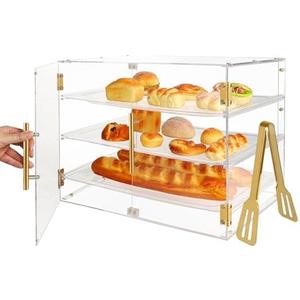 Cutora Pastry Display Case for Commercial Countertop, Acrylic 3-Tier Large Bakery Storage Box with Front Door and Removable Tray for Dessert Donut Bread Cake Cupcake Bagels Cookie 21" x 16.2" x 14.2"