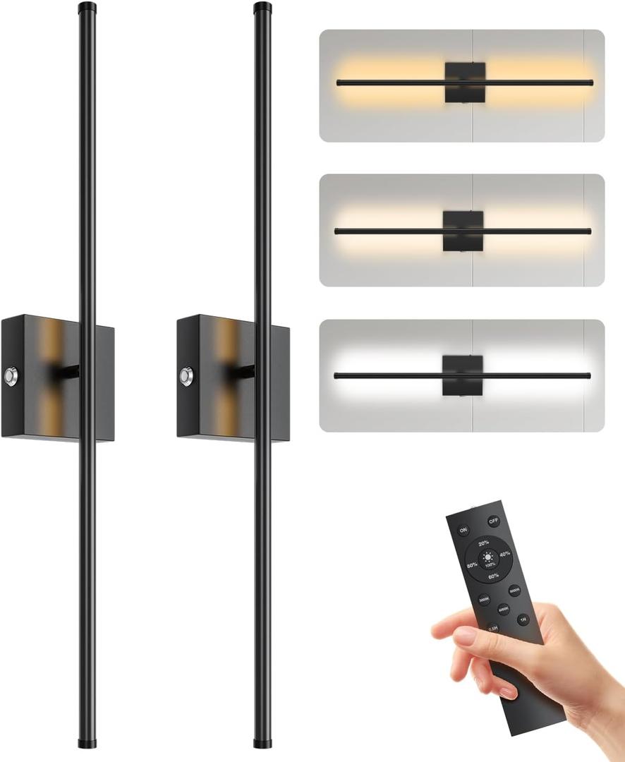 28.3" Battery Operated Wall Sconces Set of Two, 3 Color Dimmable, 15000mAh Rechargeable Wall Sconces Set of 2 with Remote Control, Wireless Wall Lights for Bedroom, Living Room, Hallway (Black)