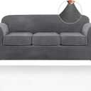 PrinceDeco Velvet Couch Covers for Sofa Soft 4 Pieces Couch Covers for 3 Cushion Couch Sofa Pet Friendly Furniture Protector with Non Slip Elastic Bottom Width Up to 90 Inch (Large, Grey)
