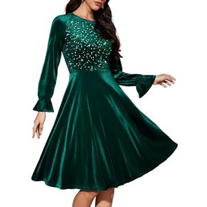 Bbonlinedress Green Velvet Cocktail Long Sleeve Dress Sequin Velvet Vintage Wedding Guest Midi Dress Dark Green S