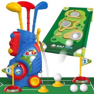 Liberry Toddler Golf Set for 2 3 4 5 Years Old Boys Girls, Upgraded Kids Golf Cart with Golf Cornhole Board & Putting Mat, Indoor and Outdoor Golf Toys Birthday Gifts
