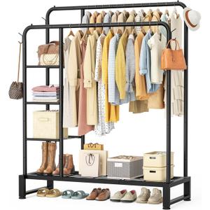 Double Rods Clothes Rack Clothing Rack with 4 Tier Storage Shelves Clothes Rack for Hanging Clothes Multifunctional Heavy Duty Clothes Organizer with Hooks for Bedroom, Wardrobe Closet, Shop, Black