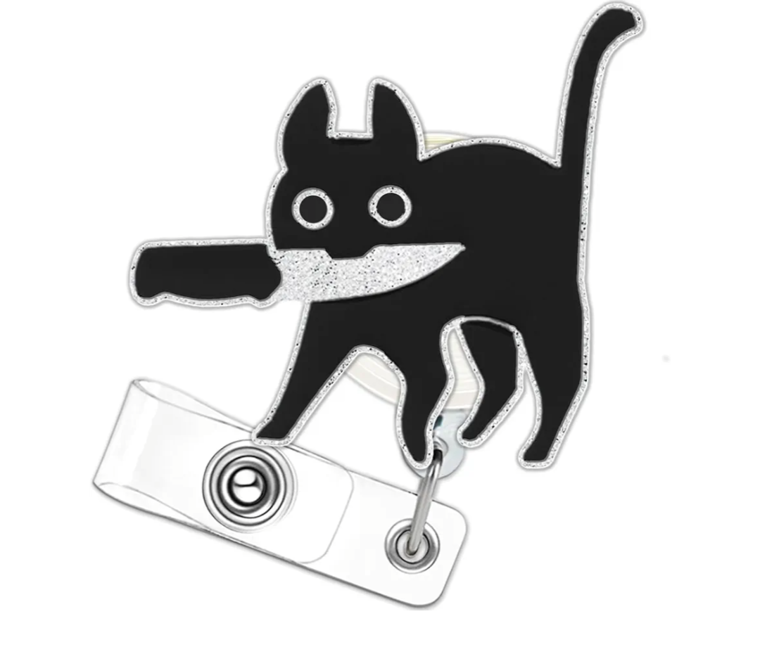 Funny Black Cat with Knife Badge Reel - Cute & Chaotic Kitten Retractable ID Holder with 360 Swivel Clip - Pediatric Friendly Nurse Accessories, Vet Tech RN CNA Gift for Student Teacher