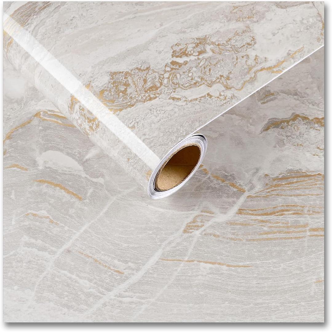 CRE8TIVE Large Size 36"x354" Beige Gold Marble Contact Paper Peel and Stick Liquid Marble Wallpaper for Bathroom Living Room Cabinet Vinyl Wrap Waterproof Countertop Contact Paper for Walls Furniture