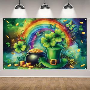 Happy St Patricks Day Photo Backdrop Rainbow Gold Coins Green Shamrock Lucky Clover Banner St. Patrick's Day Party Decorations and Supplies for Home-7143''