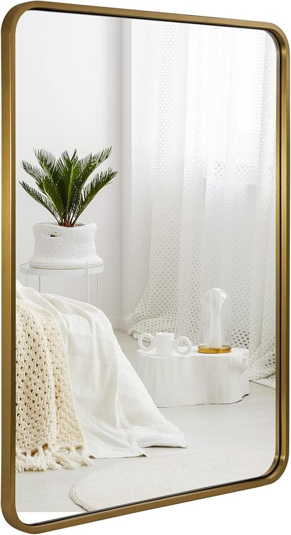 ANDY STAR Brushed Gold Mirrors for Bathroom, 24x36 Rounded Rectangle Mirror, Modern Brass Bathroom Vanity Mirror Non-Rusting Metal Tube Framed 1 Deep Wall-Mounted Mirrors Vertical/Horizontal