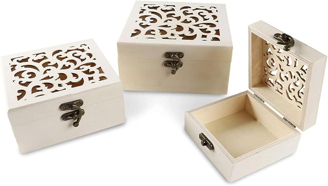 Bright Creations Unfinished Wood Box with Hinged Locking Lids, Wooden Jewelry Box - Pack of 3