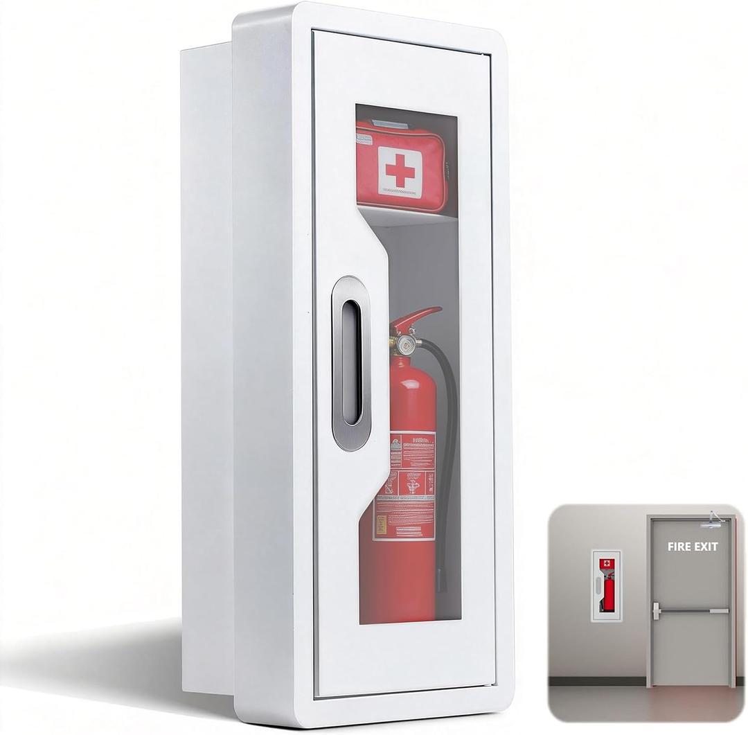 Steel Fire Extinguisher Cabinet, Magnetic Door with Acrylic Window Holds 2.5/5/10 LB Extinguisher & First Aid Kit, Semi-Recessed & Wall Mount Cabinet for Indoor/Outdoor (1PCS, White) (1, White), 9.92" W x 23.07" H x 6.61" D