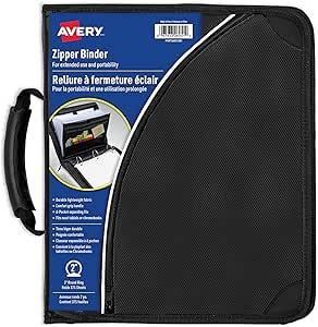 Avery 2" Round Ring Zipper Binder Multiple Storage Pockets Black