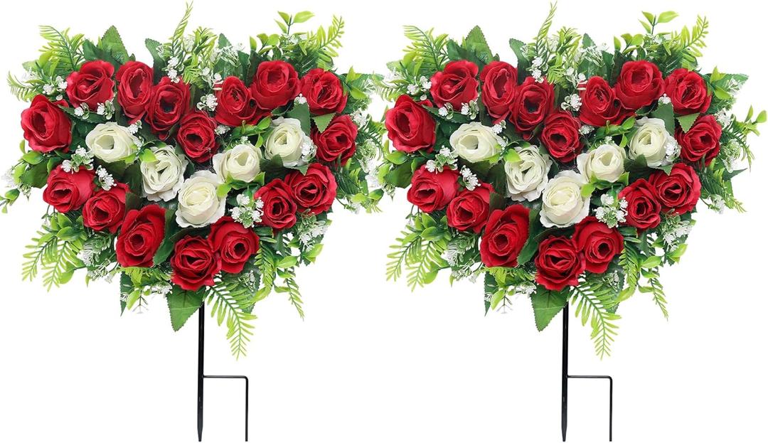 Lodou 2 Sets Artificial Cemetery Flowers, Grave Memorial Flowers with Ground Spike,Heart Shaped Wreaths Rose Flowers for Artificial Rose Decoration for Cemetery Headstones Gravesites (red)