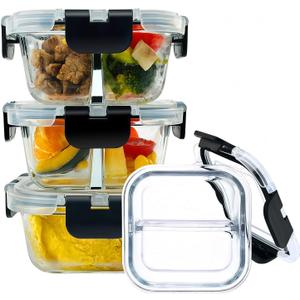 Bariatric Meal Prep Containers, 8 oz Glass Bariatric Portion Control Containers with Two 4 oz Compartments (3 Pack), Reusable Lunch Box Bento Box with Lids, Glass Snack Containers with Lids (Transparent)