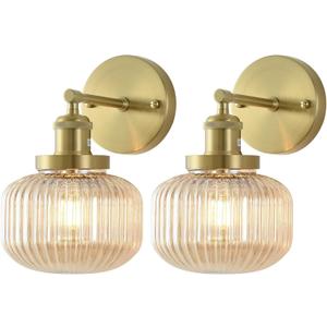 Vintage Wall Sconces with Amber Pumpkin Glass Lampshade, Indoor Bathroom Wall Sconce, Modern Gold Industrial Lighting Fixture for Mirror Living Room Hallway 2 Pack