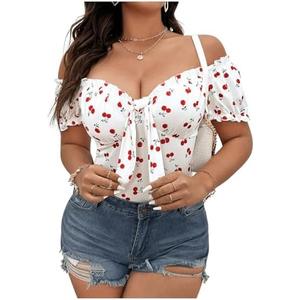 Floerns Women's Plus Size Cherry Print Off Shoulder T Shirt Short Sleeve Tie Front Tee Tops XXL