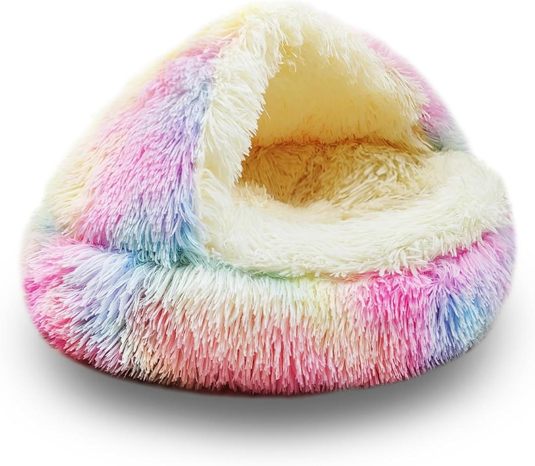 ShinHye Cat Bed Round Plush Fluffy Hooded Cat Bed Cave, Cozy for Indoor Cats or Small Dog beds, Soothing Pet Beds Doughnut Calm Anti-nxiety Dog Bed - Waterproof Bottom Washable (2020inch, Multicolor)
