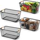 Ziliny 4 Pcs Metal Wire Basket with Wooden Handles Mesh Steel Storage Organizer Bin Containers for Home Cabinet Pantry Closet Kitchen Fridge Fruit Makeup Snacks Gifts (Extra Large, Black)