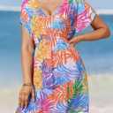 Women V Neck Beach Cover Up Dress Tropical Print Swimsuit Coverup Elastic Waist Bikini Beachwear
