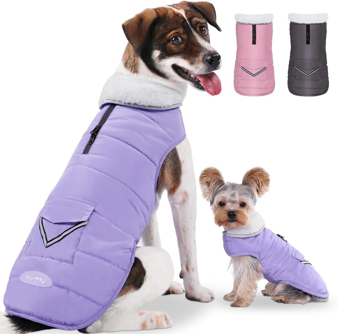 iBuddy Dog Winter Coat for Large Dogs, Easy on Dog Snow Fleece Coat Velcro Waterproof Pet Puffer Clothes with Harness Hole Adjustable Reflective Quilted Pet Cold Weather Vest Wind-poof for Girl Female (Purple)