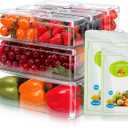 Clear Fridge Organizer Bins - 10 pcs Refrigerator Organizers and Storage Set for Fridge, Freezer, Kitchen, Stackable Pantry Organizer Bins - Includes Pack of 20 Food Bags - Ideal for Food & Drinks