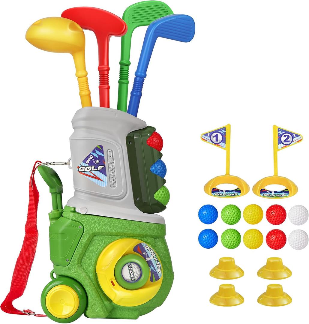 Toddler Golf Set, Kids Golf Set for Ages 1 2 3 4 5 Years Old Boys Girls with 4 Plastic Golf Clubs 10 Balls, Indoor Outdoor Baby Toddler Golf Clubs Set Toy with Cart Sport Toy Birthday Gifts Green