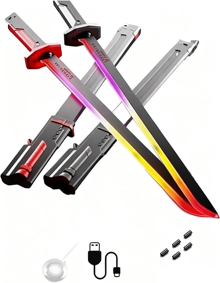 2 Pcs 31.5-inch Iridescent Lightsaber Blade with Hit-Sensitive Sound and Fog Effect | Type-C Charging | Perfect for Rave Parties, Cosplay, and Showcases (Black & Red Dual Pack)