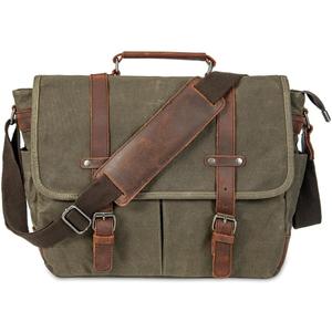 Vintage Genuine Leather Waxed Canvas Briefcase Large Satchel Shoulder Bag Rugged Computer 15.6" Laptop Bag