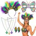 Halloween Carnival Mask Costume Accessory Set, Faux Feather Headpice Butterfly Diamond Face Stickers Headband Beads Necklace Earrings for Anniversary Carnival Festival Outfit Women