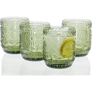 Vintage Botanist Drinking Glass Set, Luxurious Floral Embossed Decorative Green Glassware, Set of 4, 4-inch, 12 oz