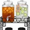Dual 2.5 Gallon Glass Beverage Dispenser Set with Stainless Steel Spigots, Metal Stand & 2 Drip Trays – Hammered Mason Jar Style Drink Dispensers for Parties, Water, Iced Tea, Lemonade & More
