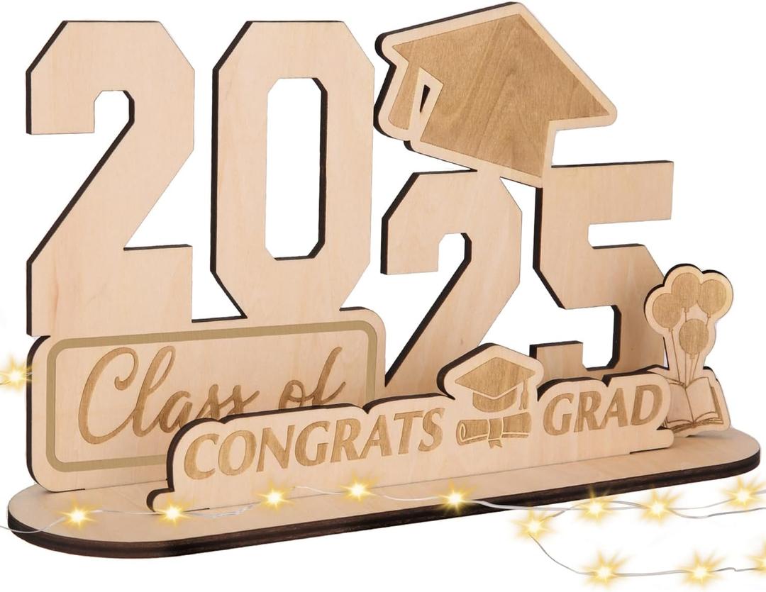 Graduation Decorations Class of 2025, Congrats Grad Wooden Table Centerpieces Sign with LED Lights Grad Table Toppers Congratulate Tiered Tray Decor for Graduation Party Decorations 2025