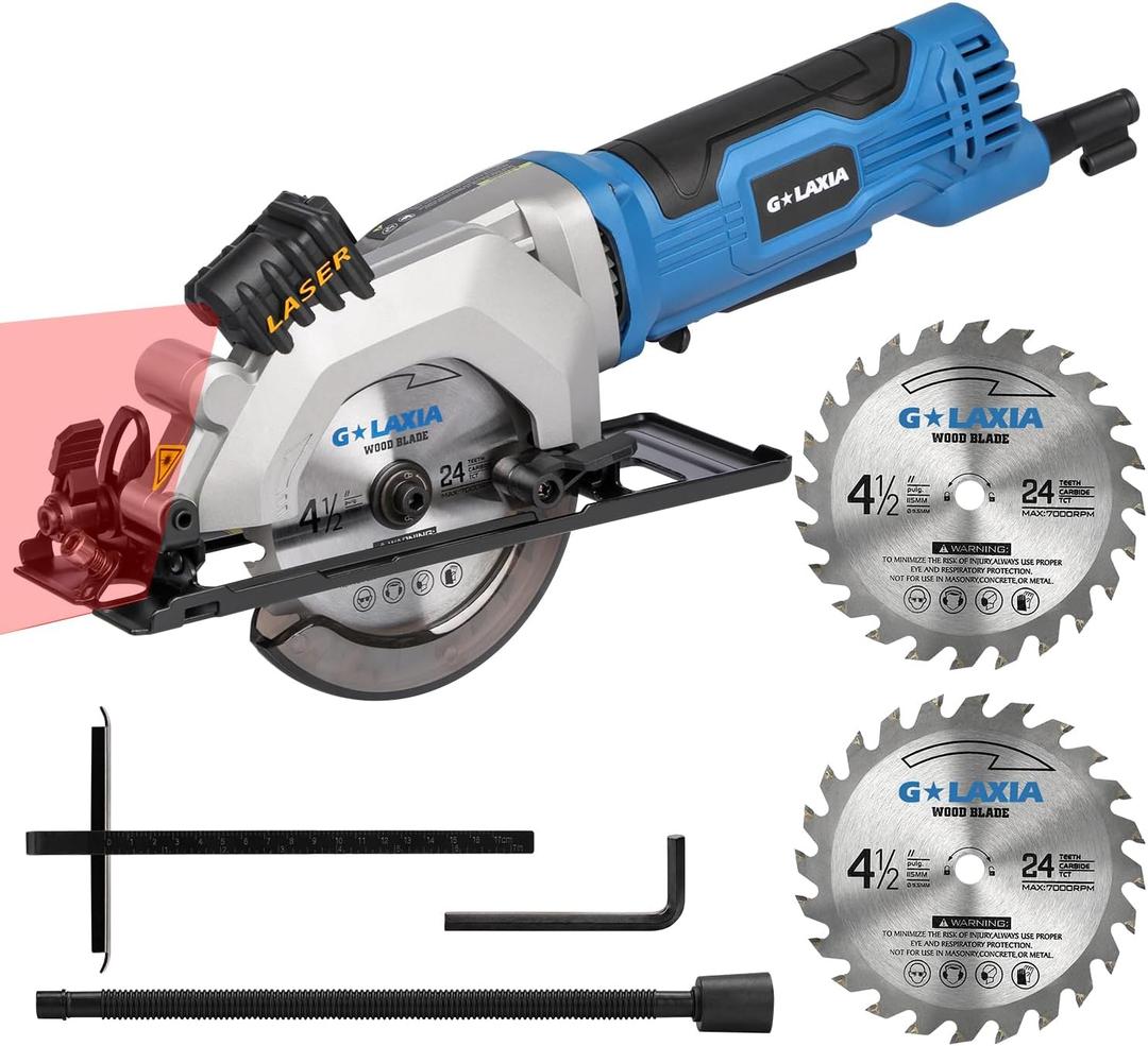 Mini Circular Saw, 4Amp 3500RPM Corded Circular Saw with Laser Guide, Rip Guide, Compact Saw with 2Pcs 24T TCT Blades for Wood Cuts