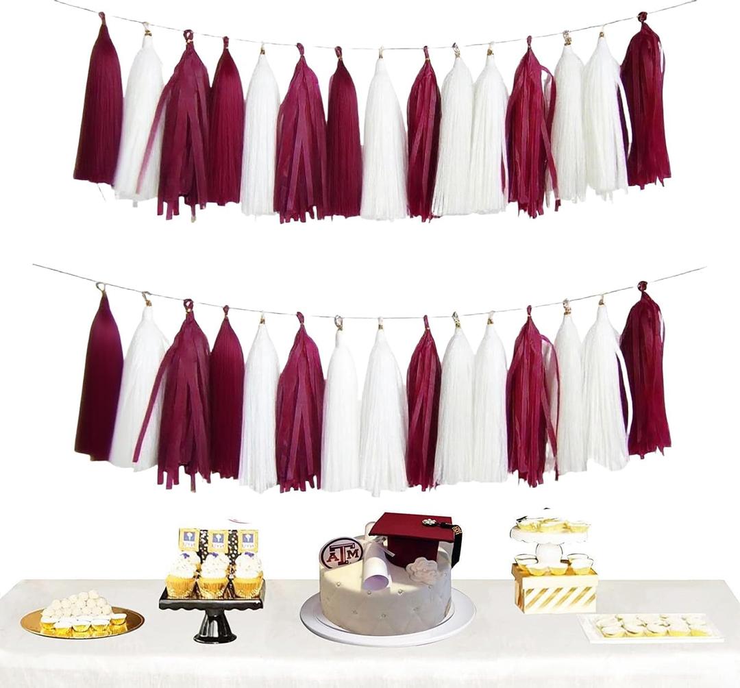 Graduation Decorations Maroon White 2026/Maroon Graduation Party Decorations Tissue Paper Tassel Garlands, Burgundy White Party Garlands for Wedding, Burgundy Birthday Decor