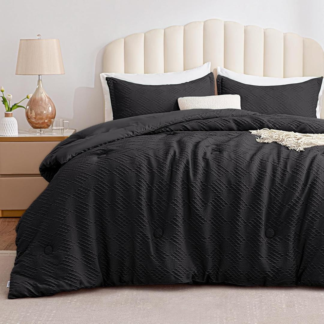 EXQ Home Waffle Comforter Queen Size - Super Soft Embossed Design Comforter Set 3 Pieces, Black 3D Diamond Pattern Bedding Set,Winter Warm Bed Set,1 Comforter with 2 Pillowcases