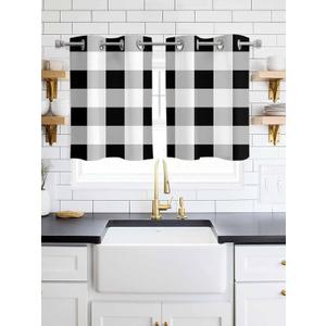Black White Buffalo Check Blackout Window Curtains 39 Inch Length 2 Panels Set, Rustic Plaid Grommet Top Window Curtain for Living Room/Kitchen, Modern Geometric Thermal Insulated Drapes 27.5x39 In