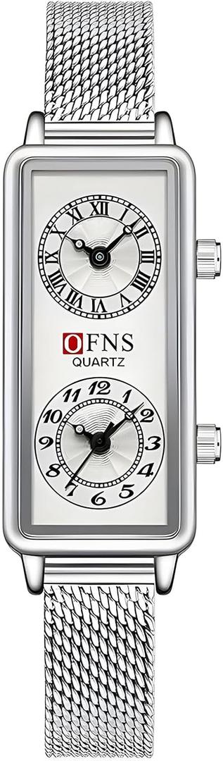 Gosasa Fashionable Women's Quartz Watch, Rectangular Dial with Dual Time Zones, 30m Water Resistant