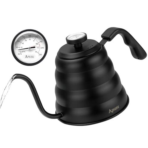 Tea Kettle with Thermometer Pot Black Stovetop Tea Kettle 40oz Gooseneck Kettle Teapot Pour Over Coffee Kettle with Thermometer, 1200ml, 5 Cup, Black, 1Pack